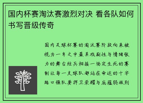 国内杯赛淘汰赛激烈对决 看各队如何书写晋级传奇 国内杯赛淘汰赛激烈对决 看各队如何书写晋级传奇